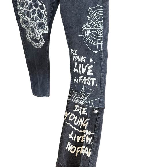Waimea Skinny Graffiti Paint Spider Web Skull Jet Black Men Jeans 30x32 Emo - Picture 3 of 12